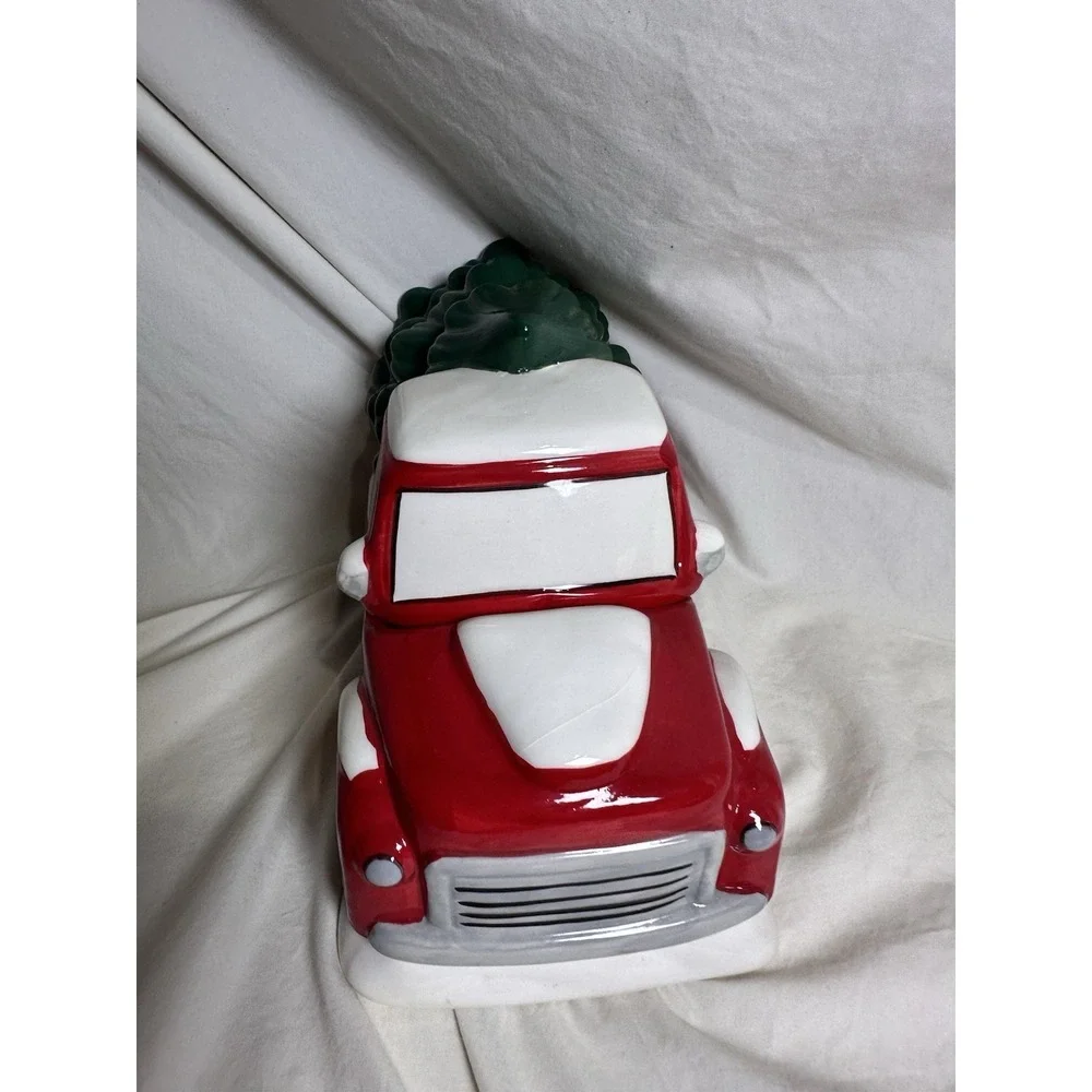 Christmas Red Truck Cookie Jar Canister w Tree Ceramic Holiday‎ Decor